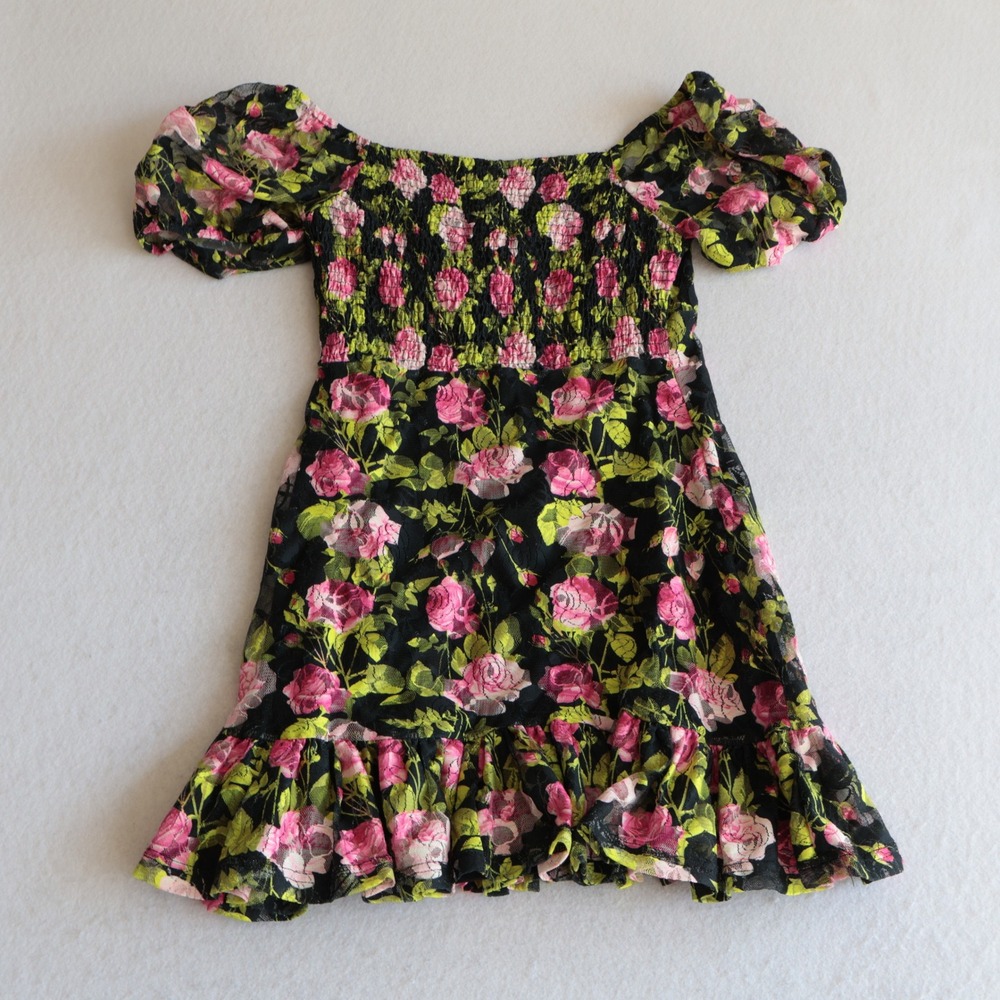 Betsey Johnson Pink Floral Lace Mini Dress Black Ruffle Milkmaid JN108350 Small - Picture 11 of 11